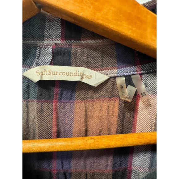 Soft Surroundings Plaid Gauzy Shirt Dress Velvet Trim Cinch Back Multi Color M - Picture 4 of 5